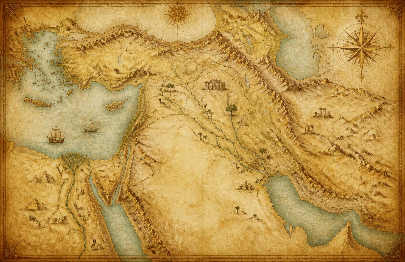 Mapa antigo do Oriente Próximo desenhado sobre pergaminho